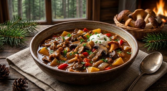 Waldpilz-Gulasch mit Kartoffeln