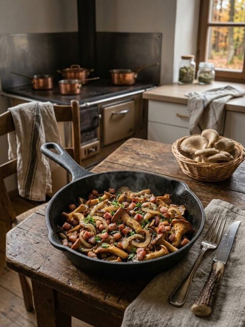Waldpilzpfanne mit Speck und Zwiebeln